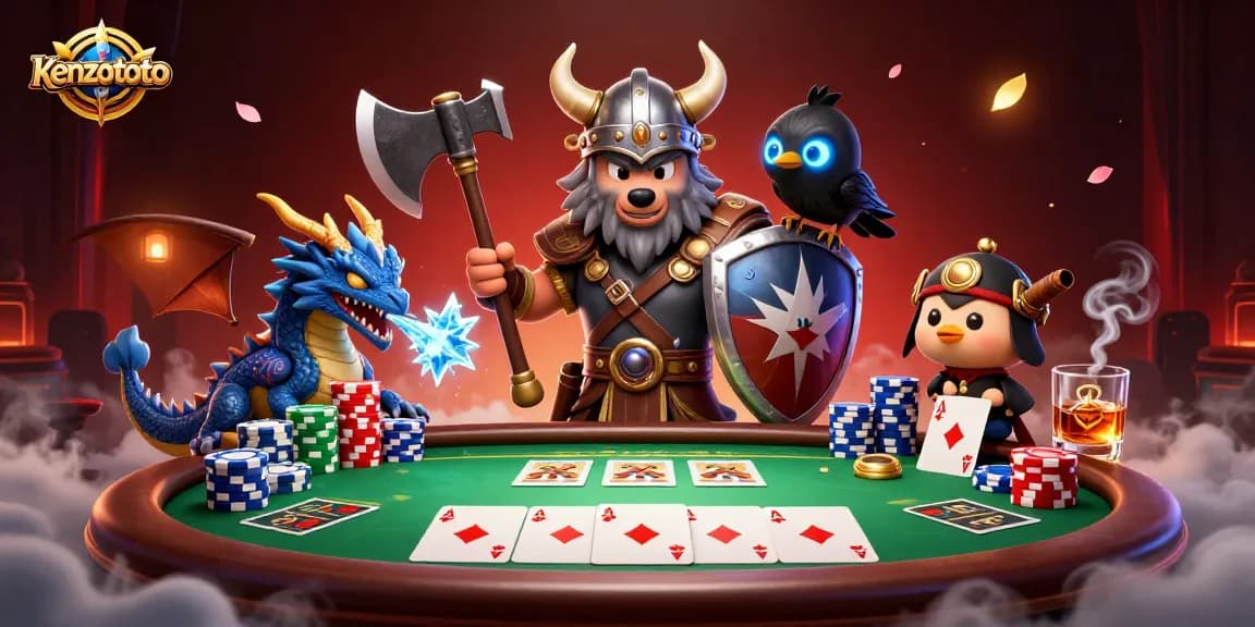 Players enjoy kenzototo action with a Viking warrior, fierce dragon, and poker elements.