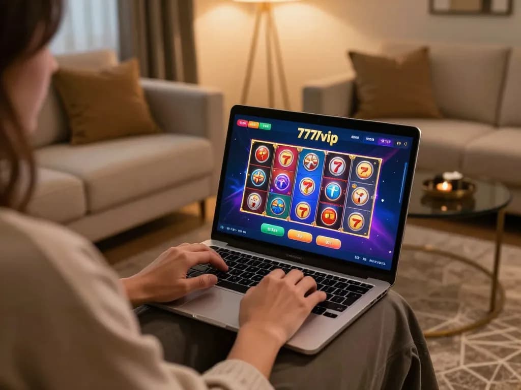 Engaging in slots gameplay on 777vip with vibrant graphics in a cozy home setting.
