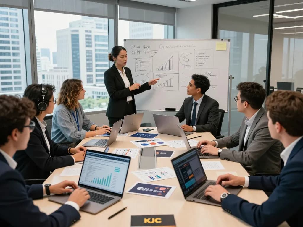 KJC collaboration strategy meeting with diverse professionals discussing entertainment partnerships and analytics in a modern office environment.