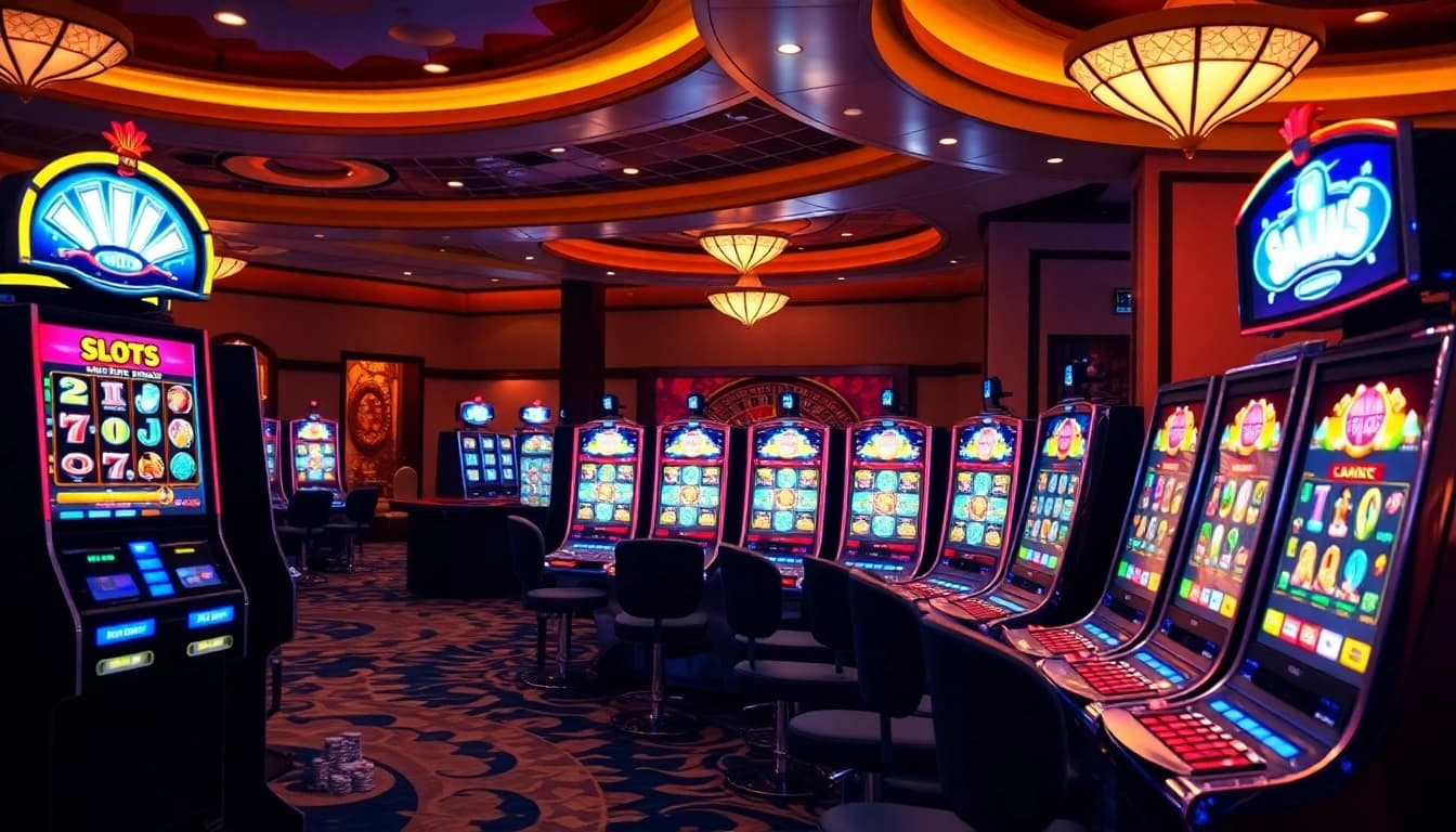 Exciting slot online machines in a luxury casino filled with vibrant lights and eager players.
