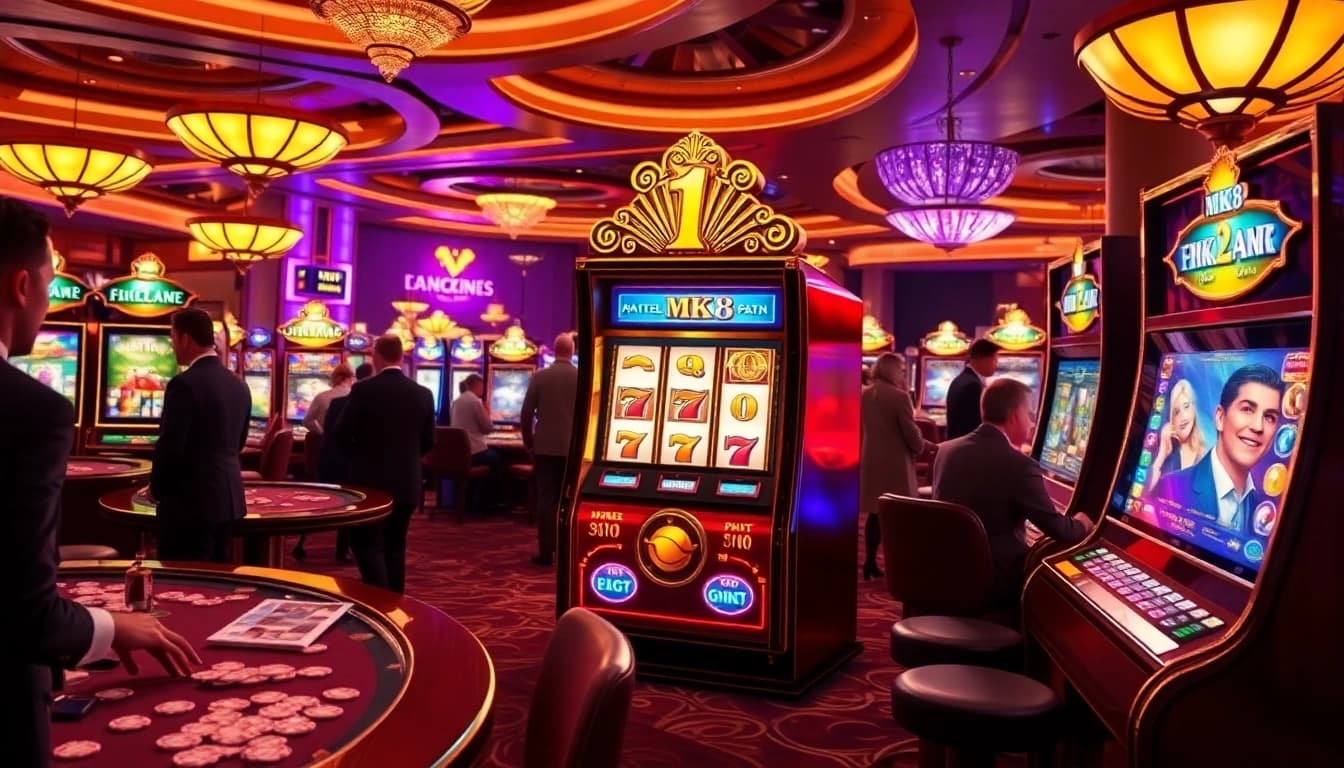 Engaged players at an mk8 slot machine in a luxury casino environment.