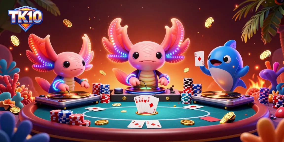 TK10 fishing game scene with vibrant characters, poker elements, and rich underwater ambiance.