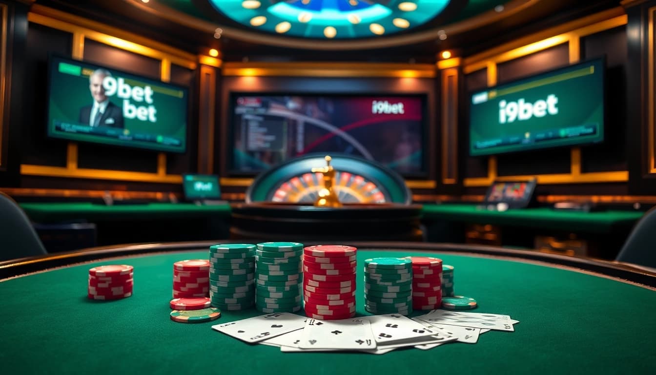 Engage in thrilling games at i9bet, showcasing luxurious poker chips and vibrant card displays.