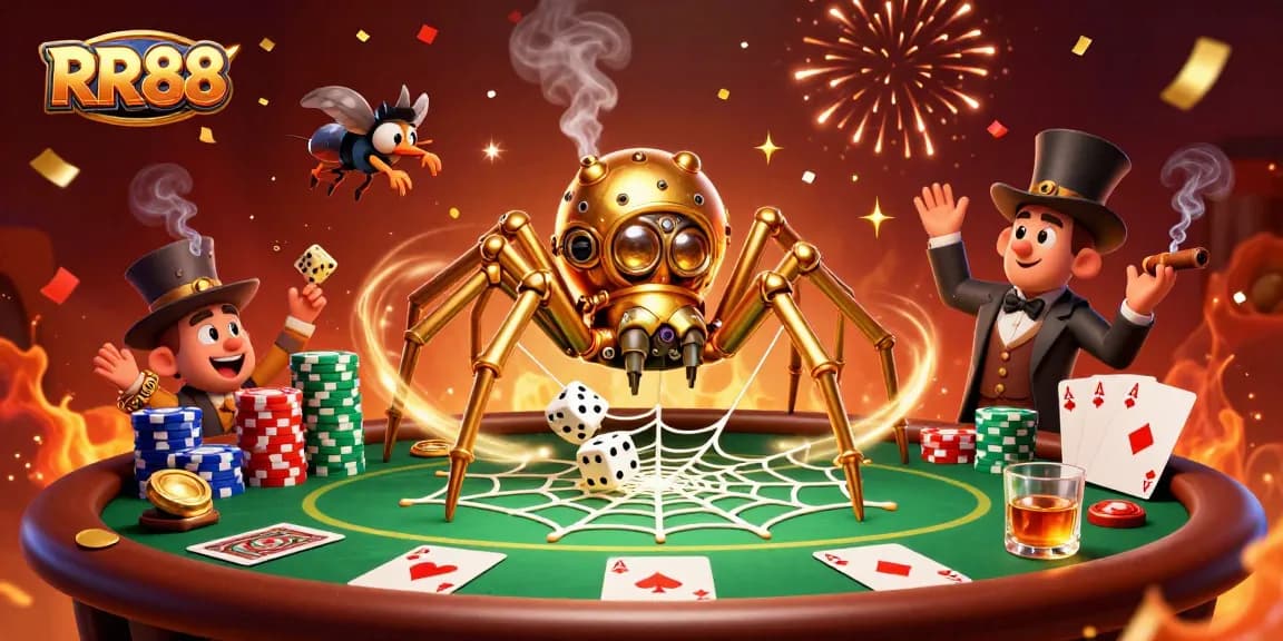 RR88 offers a thrilling casino experience with a golden spider and poker elements captured in playful chaos.