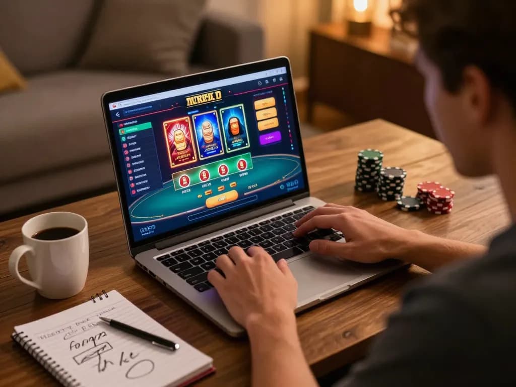 Player engaging in strategic online gaming at WIN678 casino, laptop screen displaying vibrant poker interface.