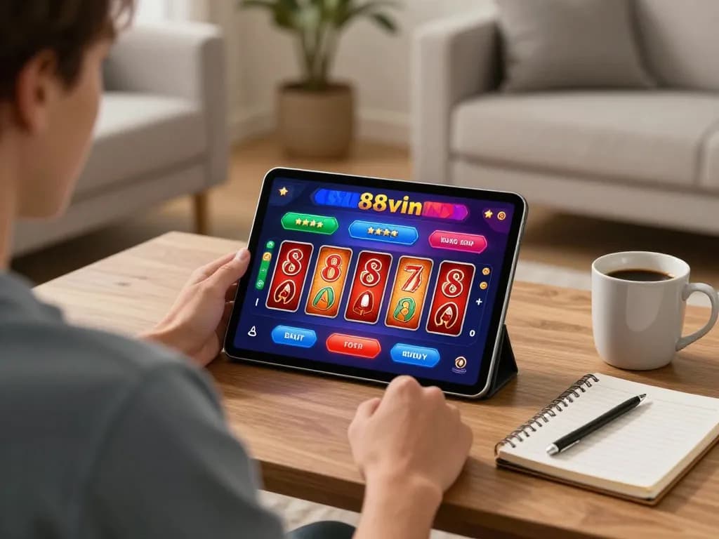 Engaging in 88vin online casino gaming from a cozy living room setting on tablet.