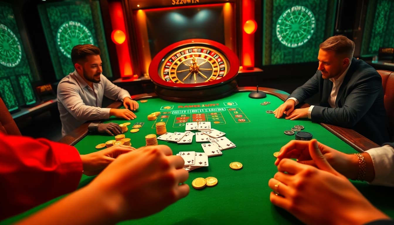 Winning at 32WIN casino with exciting games and vibrant tables filled with chips.