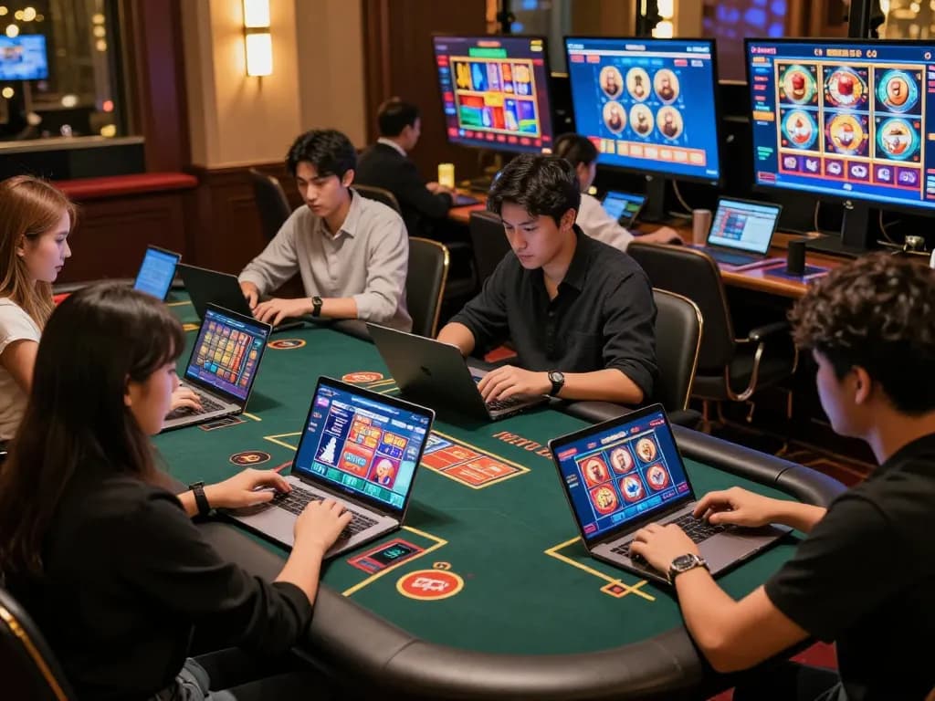 MMOO players enjoying dynamic online gaming experience with various casino games on devices.