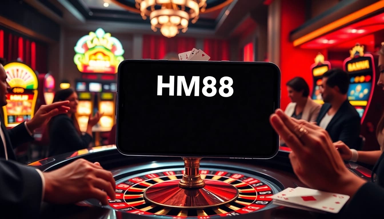 Experience the luxury and excitement of HM88 with a vibrant casino scene featuring roulette and slot machines.