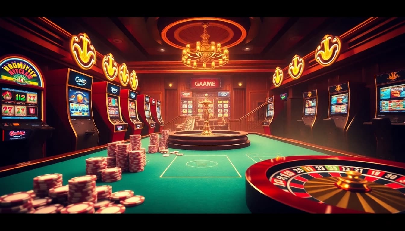Experience the excitement of Game HITCLUB with vibrant roulette and poker scenes at a luxurious casino.