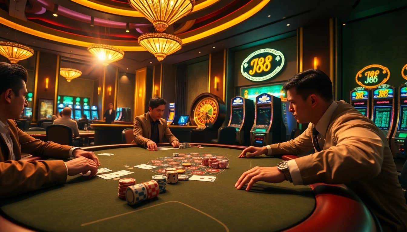 Play exciting games at J88's vibrant casino, featuring thrilling poker tables and roulette wheels.