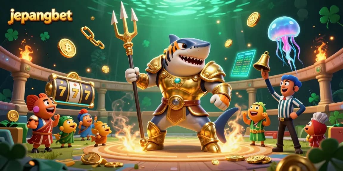 Experience the excitement of Jepangbet with a dynamic scene featuring a golden shark and vibrant slot elements.