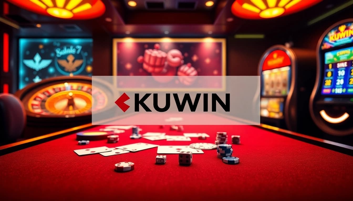 Kuwin casino table with vibrant poker chips and cards, showcasing luxury gaming experience.