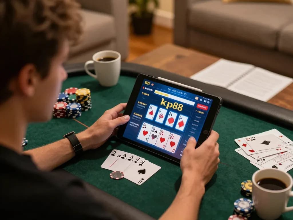 Engaging player immersed in kp88 poker game on tablet, surrounded by chips and strategy notes