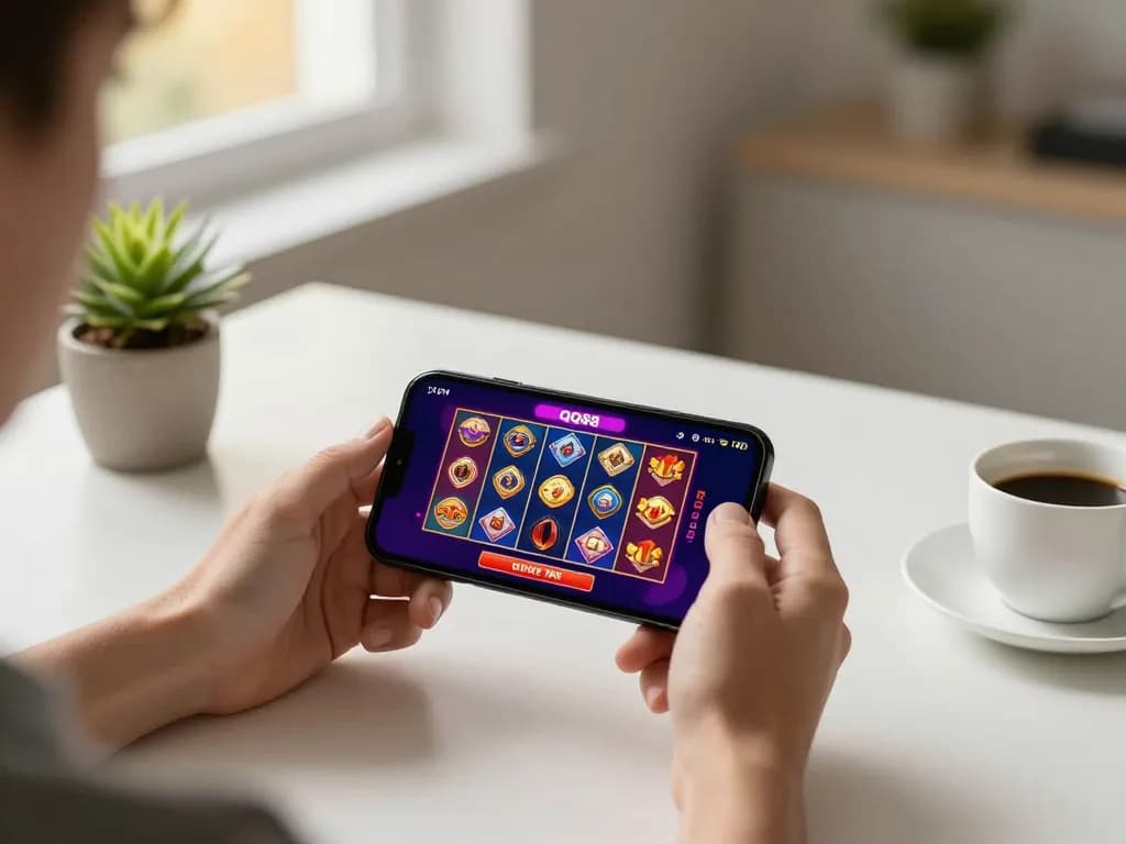 Player enjoying QQ88 online casino on smartphone in a cozy home office.