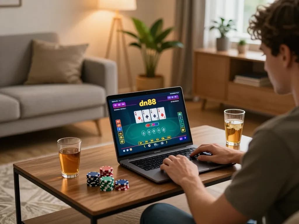 Player enjoying dn88 poker game on a laptop at cozy home setting, chips and warm lighting enhancing atmosphere.