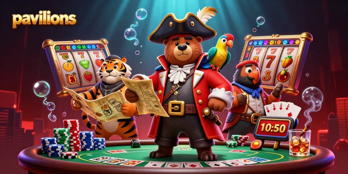 Win big at pavilions casinos with vibrant slot elements and engaging characters in a lively gaming atmosphere.