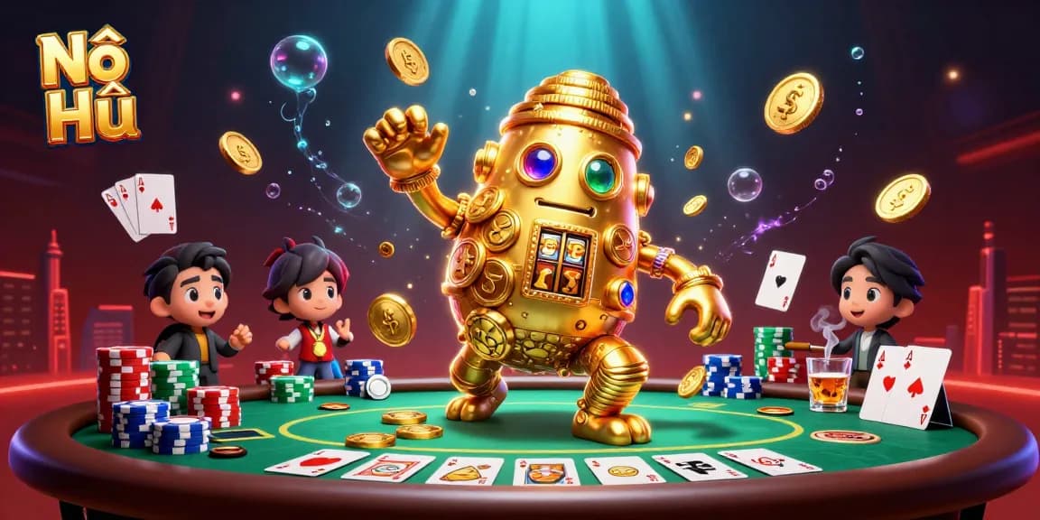 Spin to win at Nổ Hũ with a vibrant casino scene featuring dynamic slot play and poker elements.