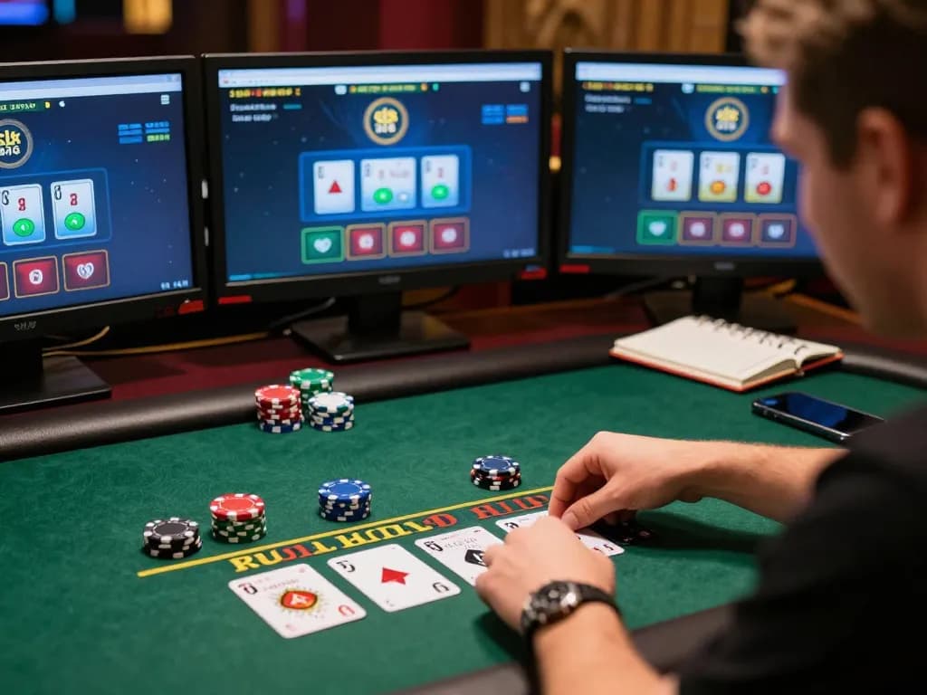 Player focusing on live dealer blackjack at AU88's online casino, surrounded by gaming gear and dynamic interface.