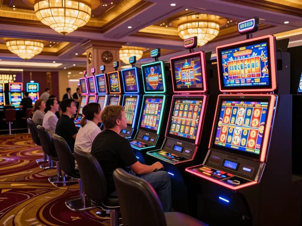 Experience the excitement of playing slot online with colorful machines spinning and happy players in a bustling casino.