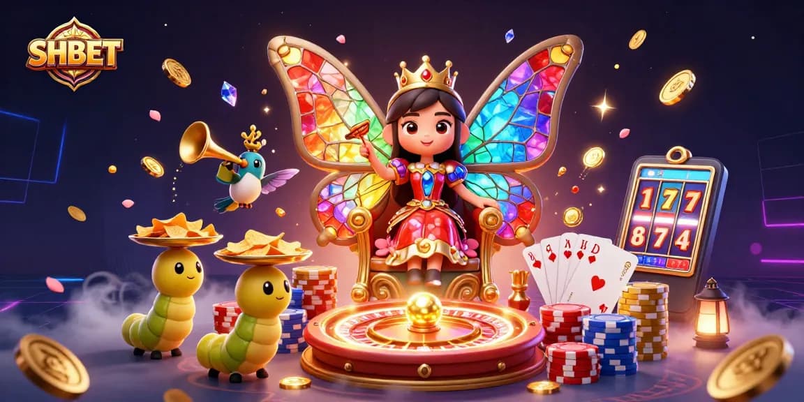 Experience excitement at SHBET with a vibrant casino scene featuring a butterfly queen amidst spinning roulette and golden treasures.
