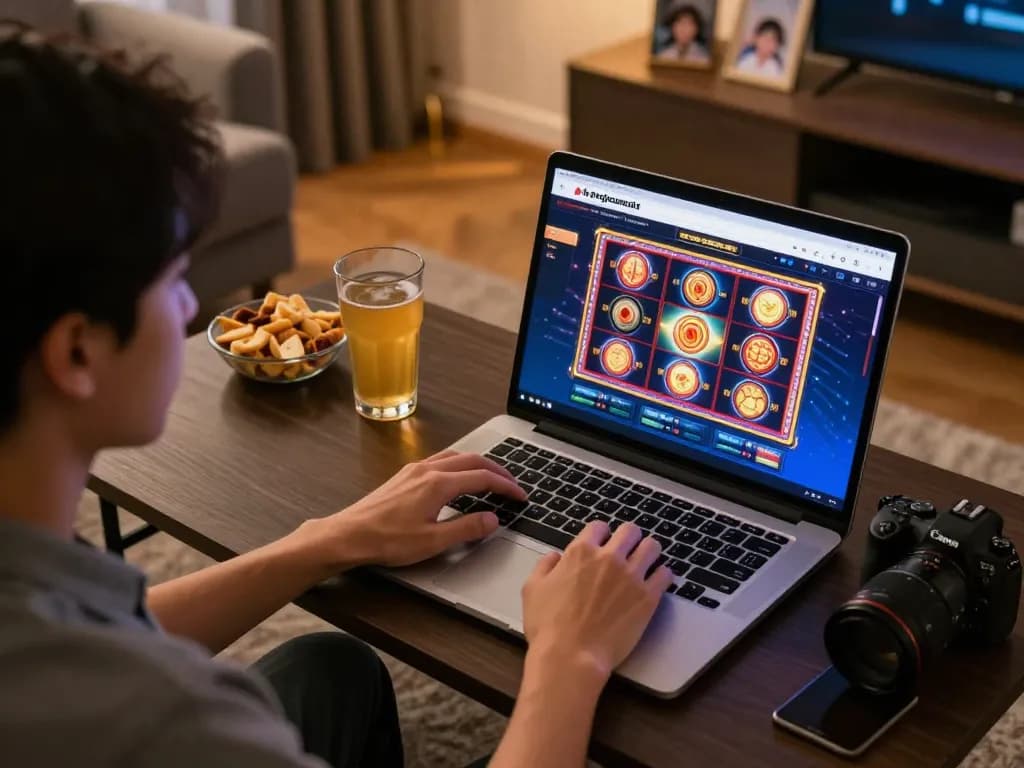 Engaging with the kerajaanslot online slot game at home, showcasing a vibrant gaming setup.