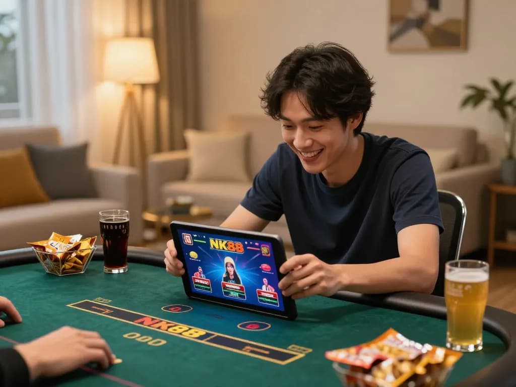 Engaged player using the NK88 app for online gambling in a cozy setting, showcasing strategic gameplay.