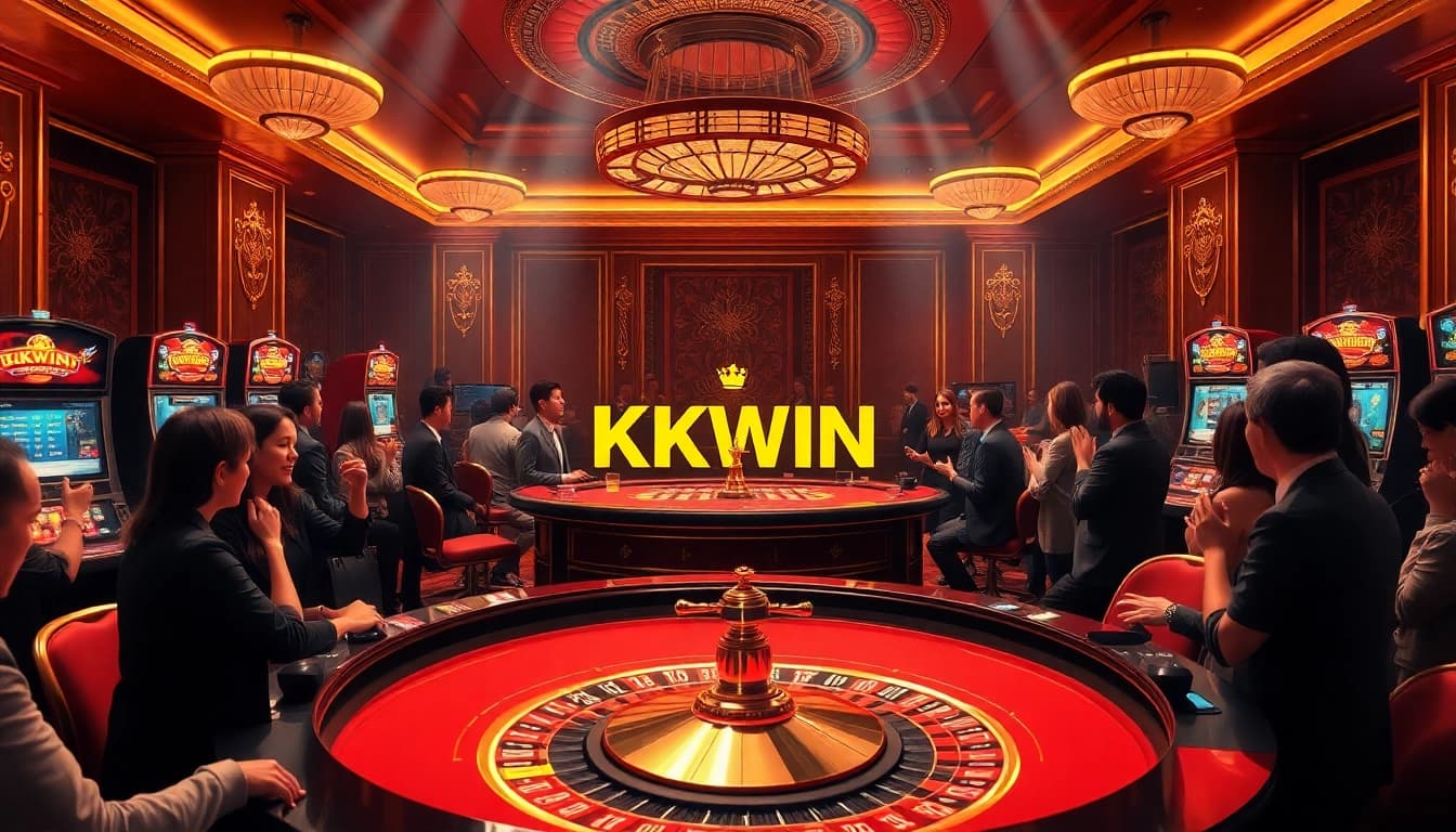 Gamblers enjoying a luxurious KKWIN casino experience at an elegant gaming table.