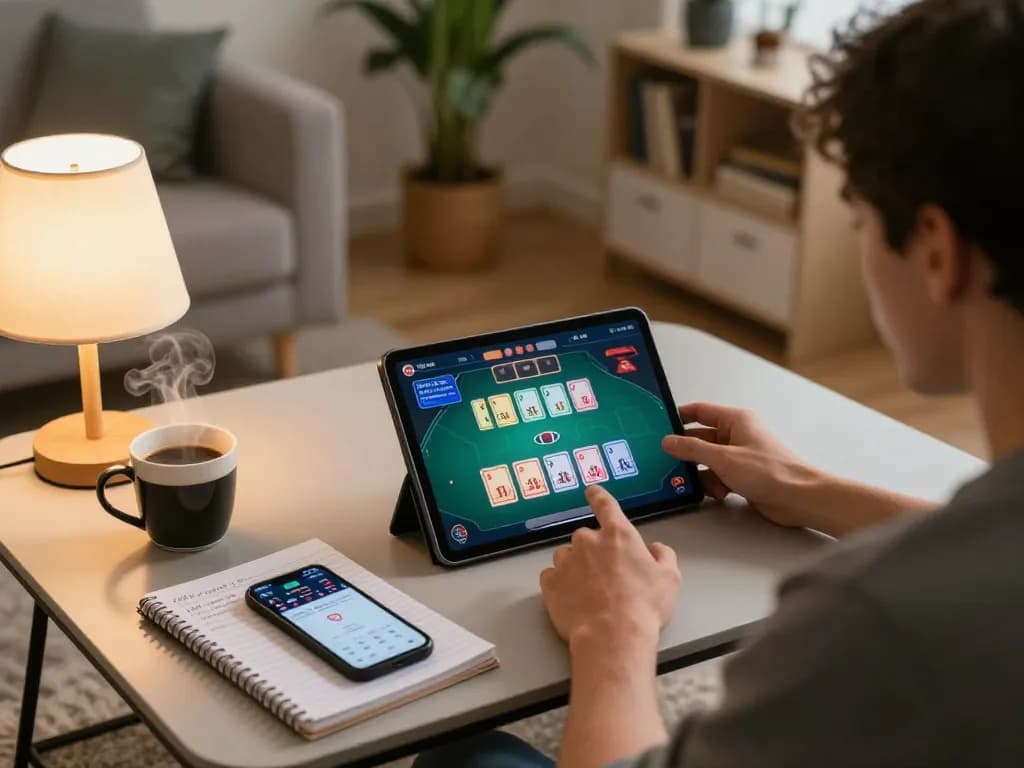 Player engaged in an online poker game on tablet in cozy home, with 789P strategy notes visible.