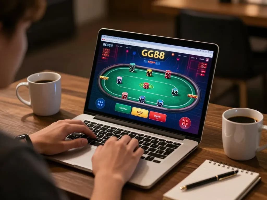 Engaging player navigating GG88 online poker game on a laptop in a cozy setting