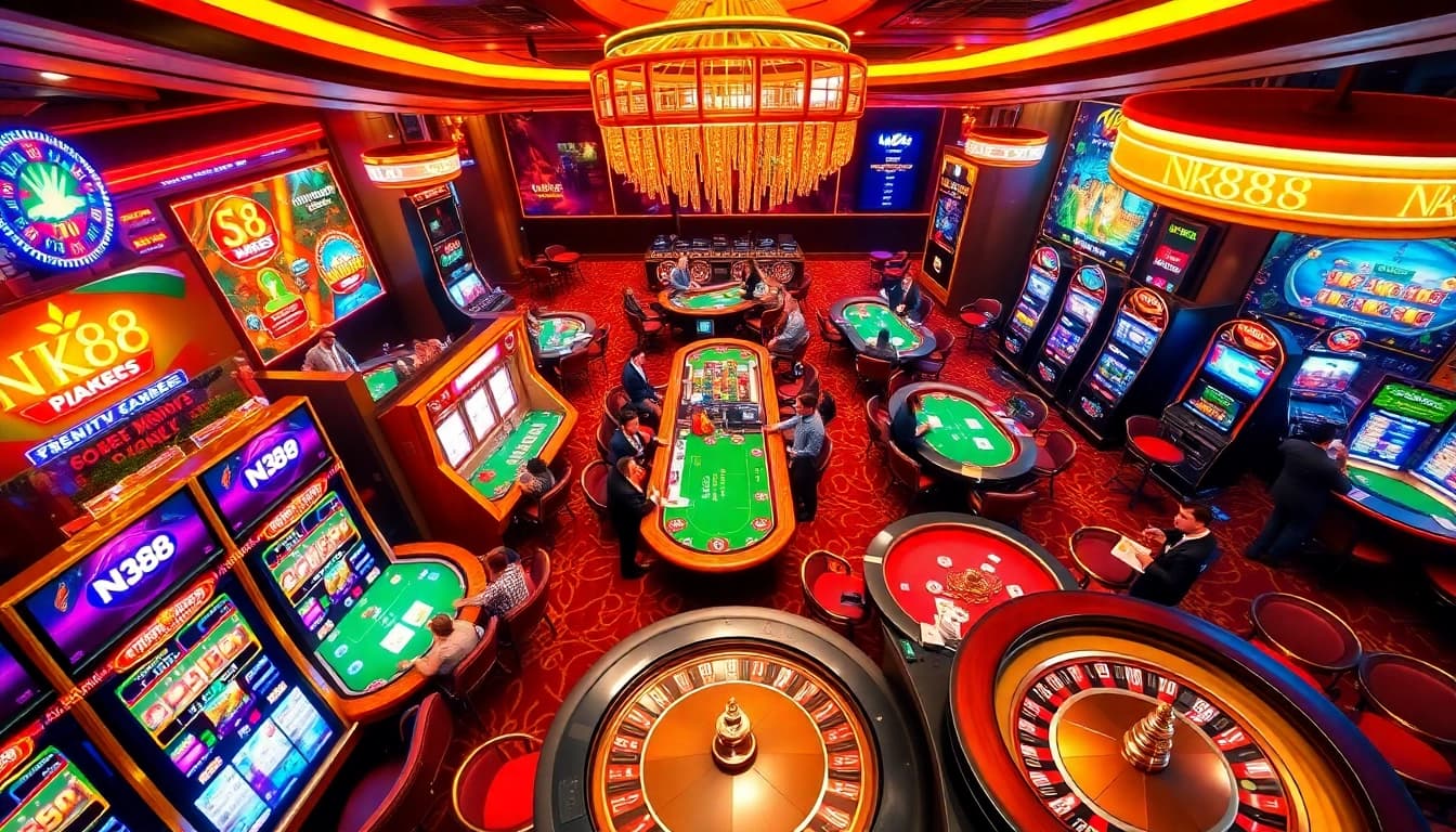 Players enjoying exciting games at nk88 casino, surrounded by vibrant slot machines and roulette wheels.