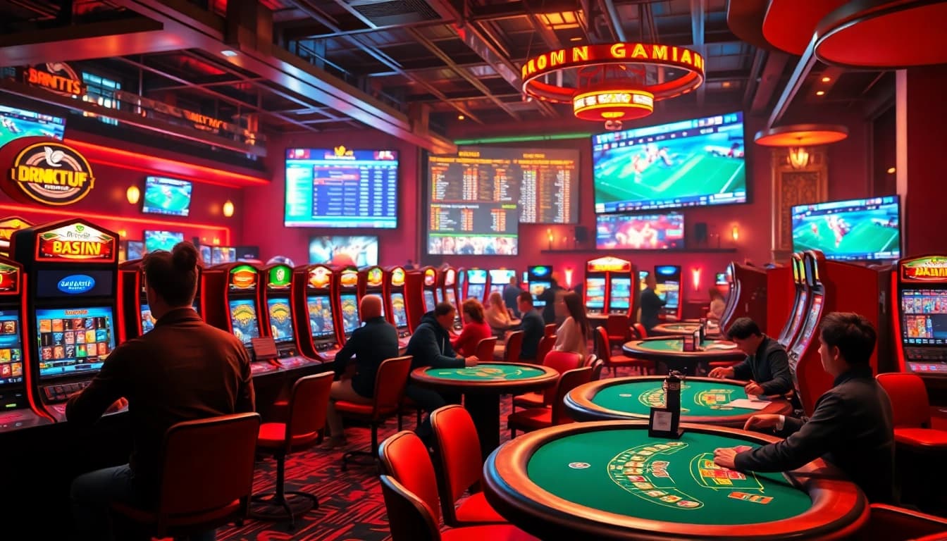 Exciting casino atmosphere at 98win with players engaged in various games.