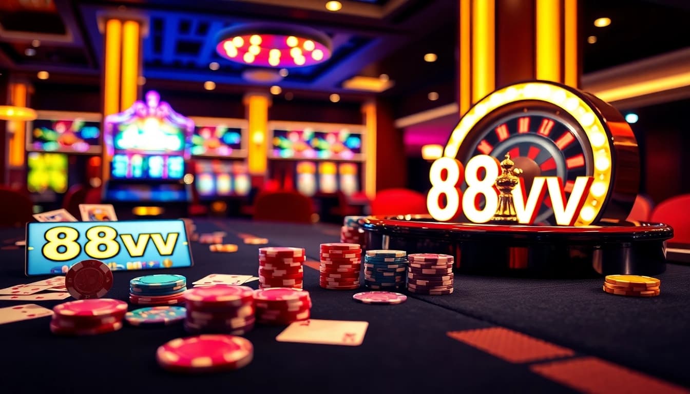 A vibrant casino gaming table featuring the 88vv logo with cards and poker chips illustrating excitement.