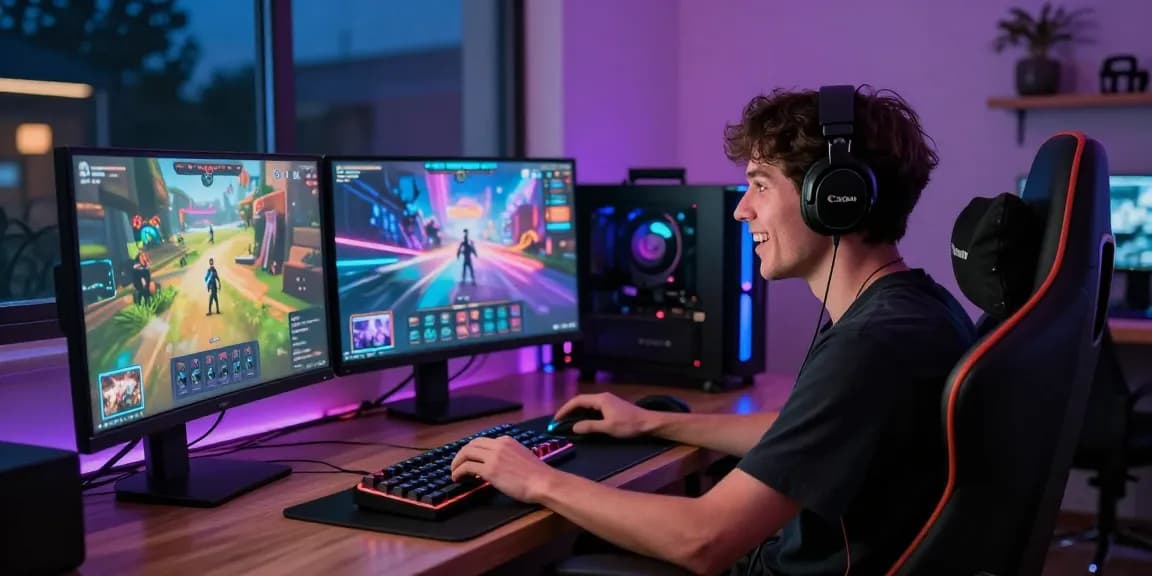 Engaged gamer enjoying cika4d rtp on a colorful online gaming setup with multiple monitors.