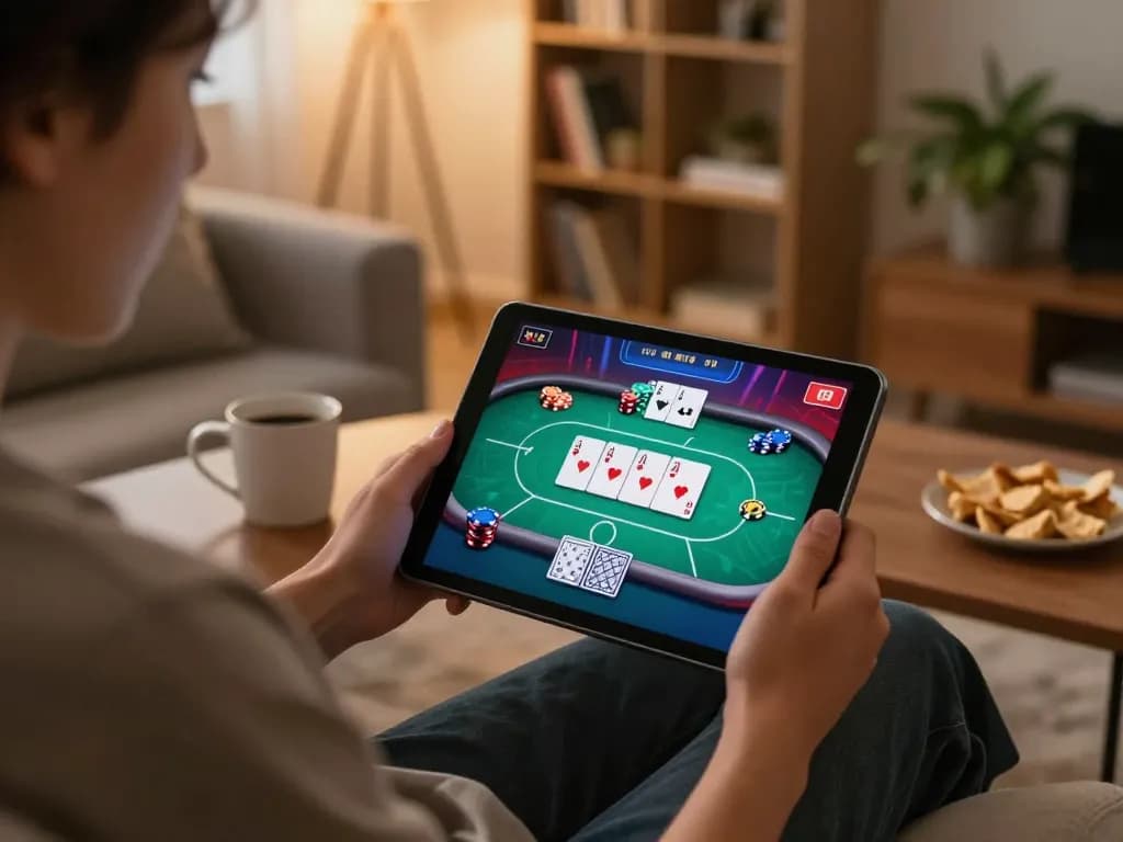 Engaging in online poker gaming at home with bk8 app, emphasizing a comfortable gaming atmosphere.
