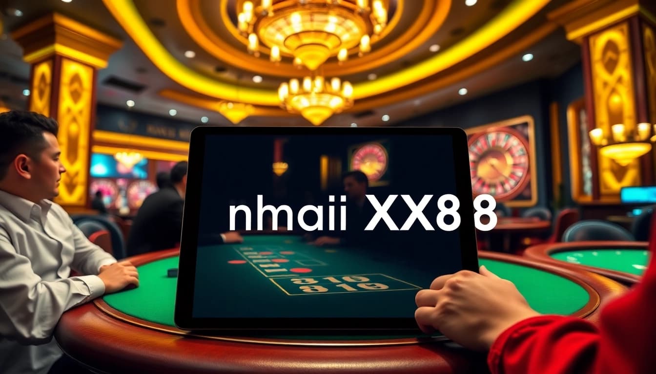 Experience high-stakes excitement at nhà cái XX88 with professional gamblers at a luxurious casino table.