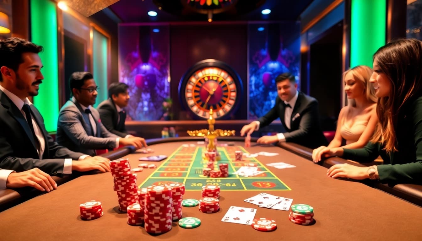 Players enjoying a lively casino game setting at 888NEW, featuring poker chips and a roulette wheel.