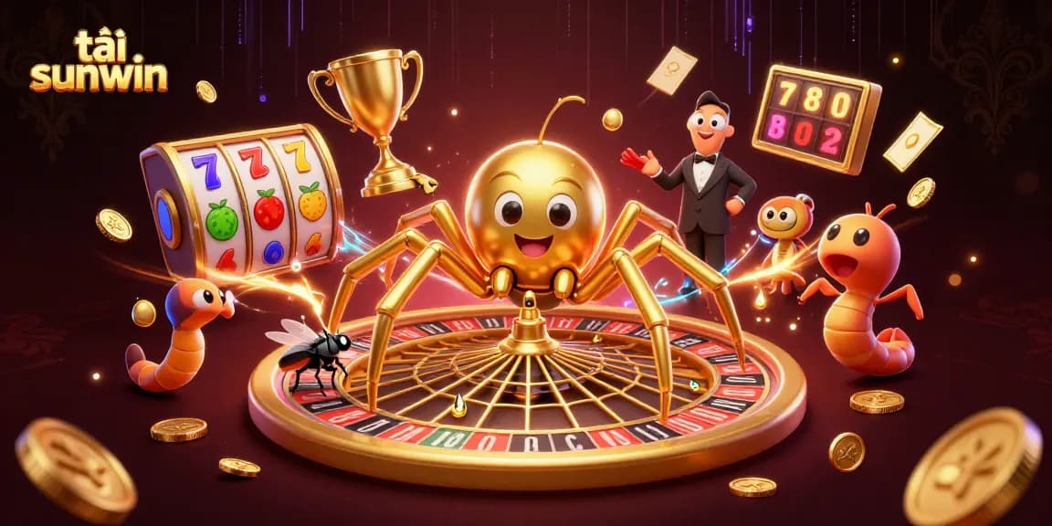 Bet on tải sunwin with a vibrant 3D casino scene featuring a golden spider and interactive game elements