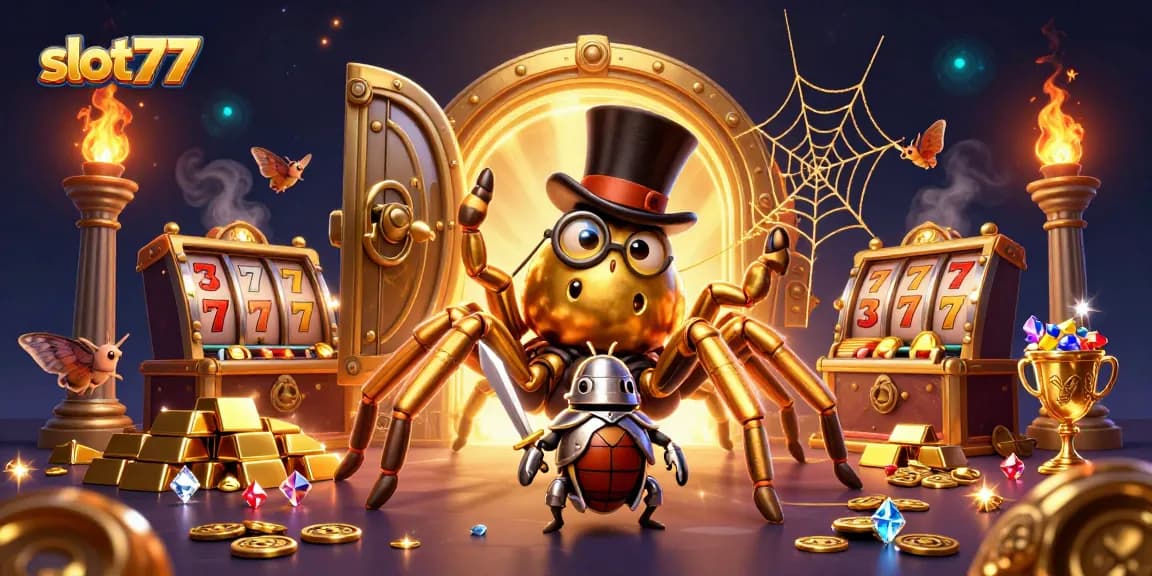 Engage with slot77's vibrant casino scene featuring a golden tarantula and beetle knight under dazzling jackpot elements.