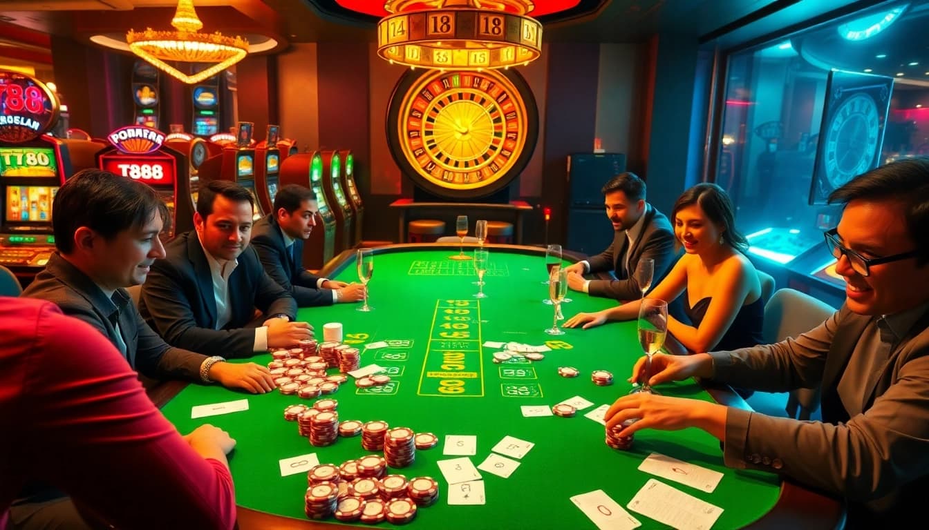 TT88 casino gaming table with vibrant poker chips and spinning roulette wheel