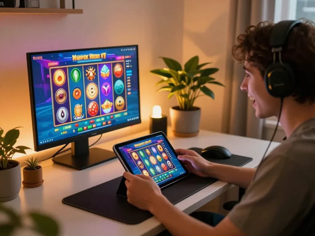 Engaging in exciting slot gameplay on a tablet in a cozy home environment.