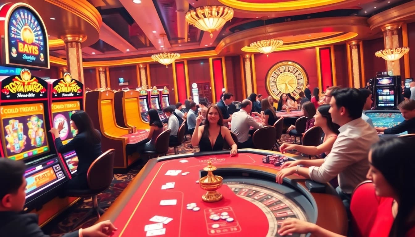 Exciting slot888 gaming scene featuring vibrant slot machines and engaged players in a luxury casino.