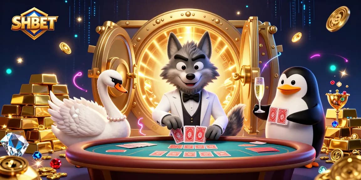 Engage with SHBET, where a debonair wolf, elegant swan, and sophisticated penguin present an exciting baccarat scene.