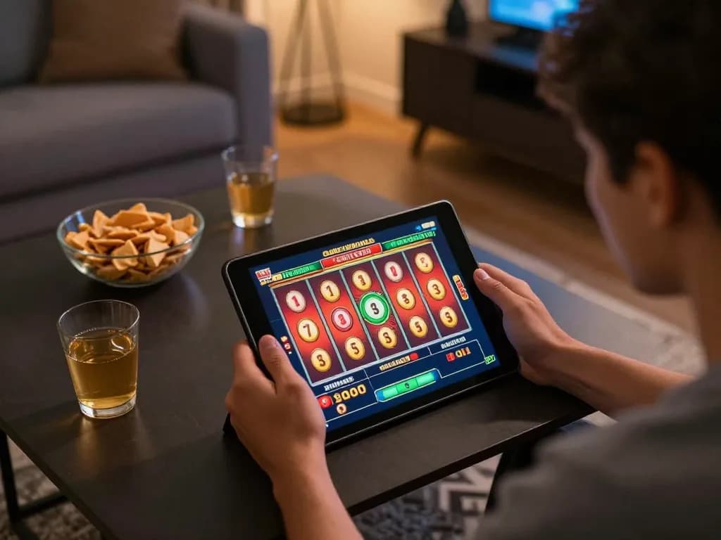 Engaged player enjoying online gaming on tablet showcasing bandar situs slot gacor experience in cozy home setting.