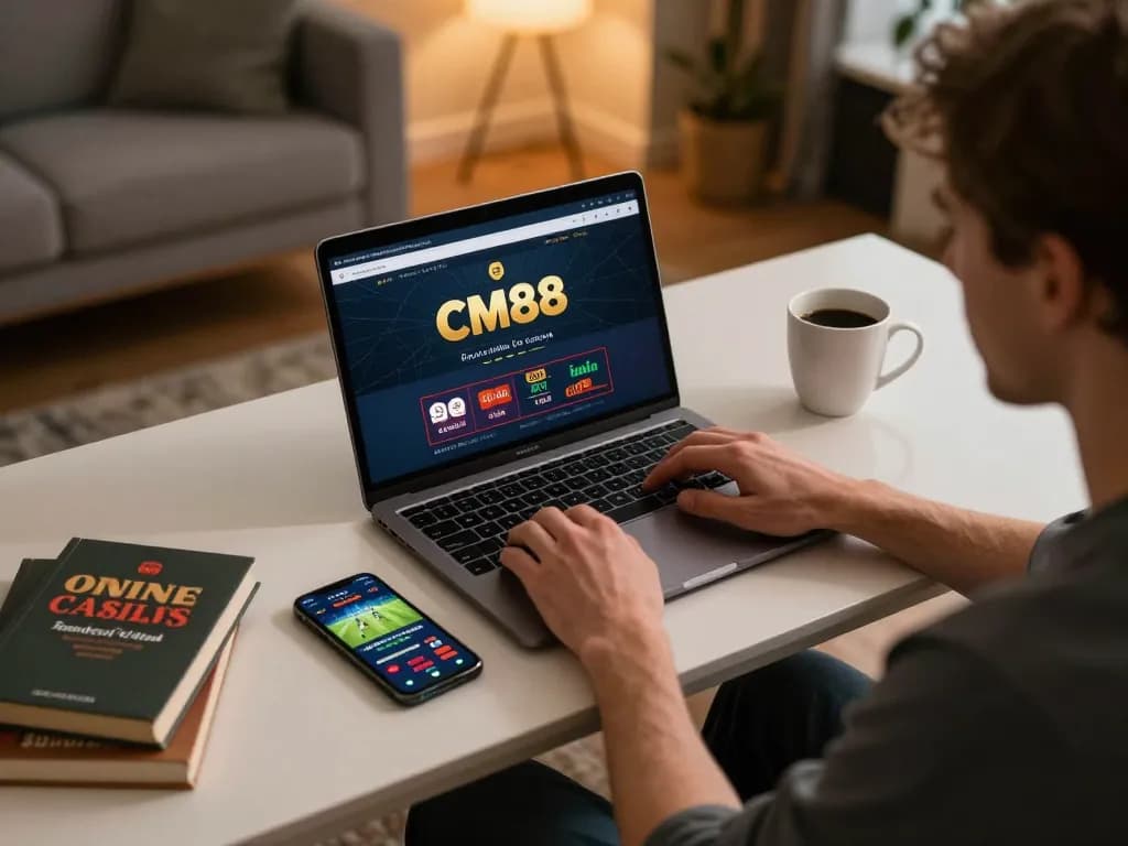 Player engaging with CM88 online casino platform on laptop, enhancing gaming experience