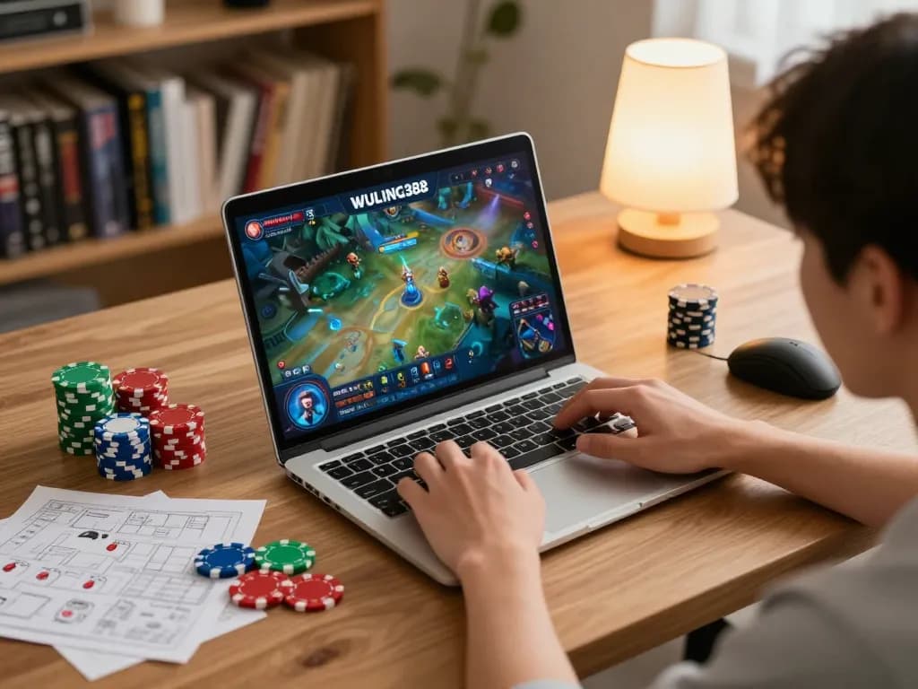 Pengaturan permainan online WULING388 yang menarik dengan pemain fokus pada catatan strategi dan layar laptop.
