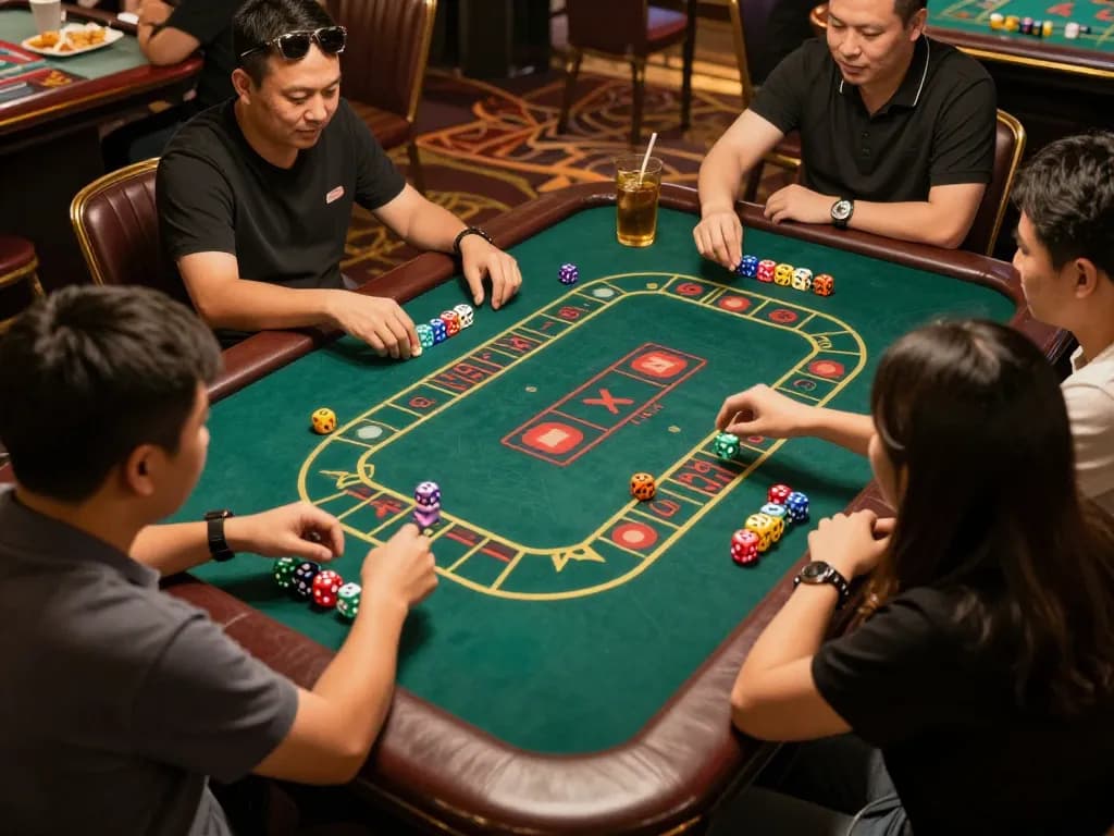 Tài Xỉu game in progress with vibrant dice rolling, capturing excitement and social interaction.