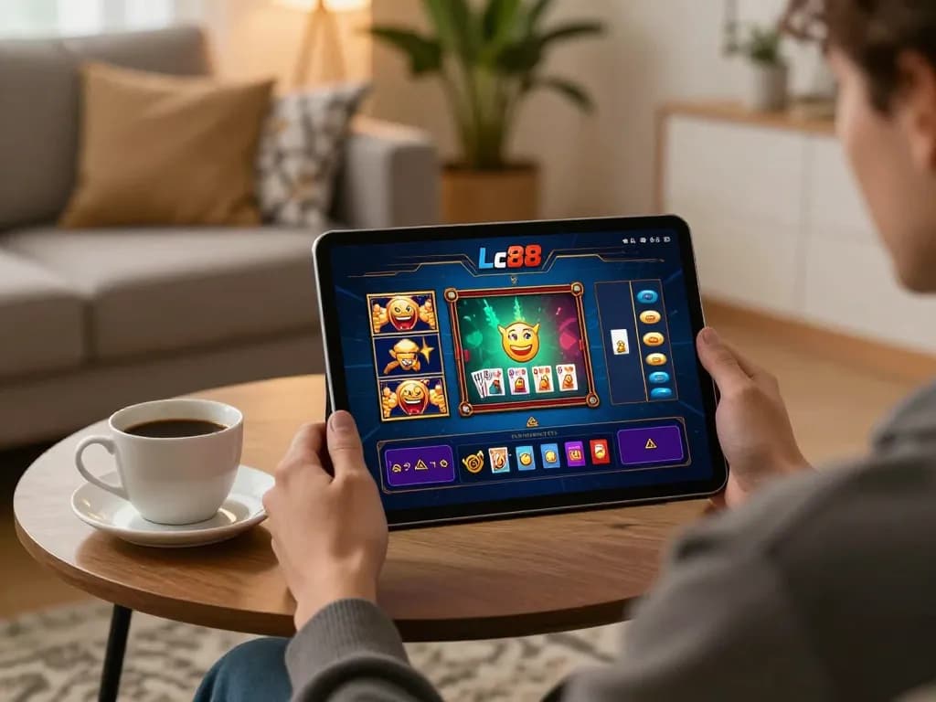 Engaging in the Lc88 game on a tablet in a cozy home setting.