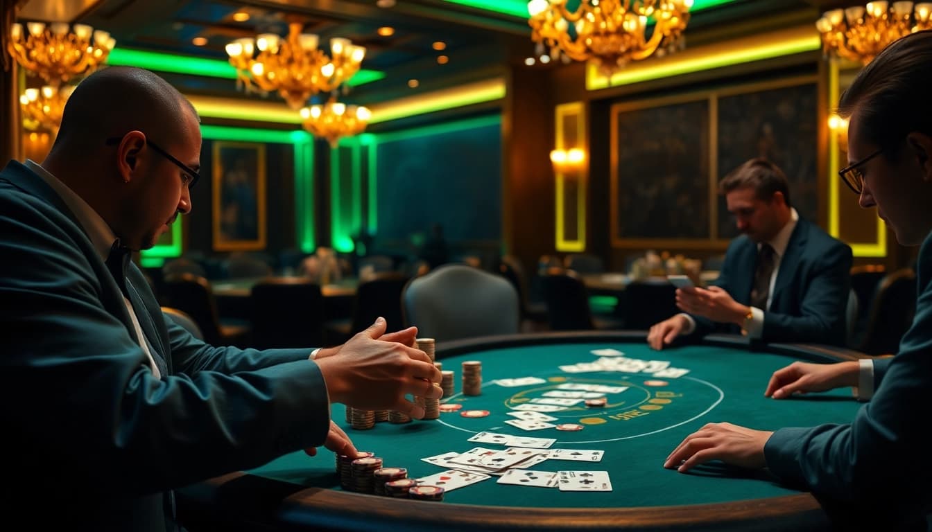Engage in the thrilling atmosphere of pokergacor with players challenging each other at a high-stakes poker table.