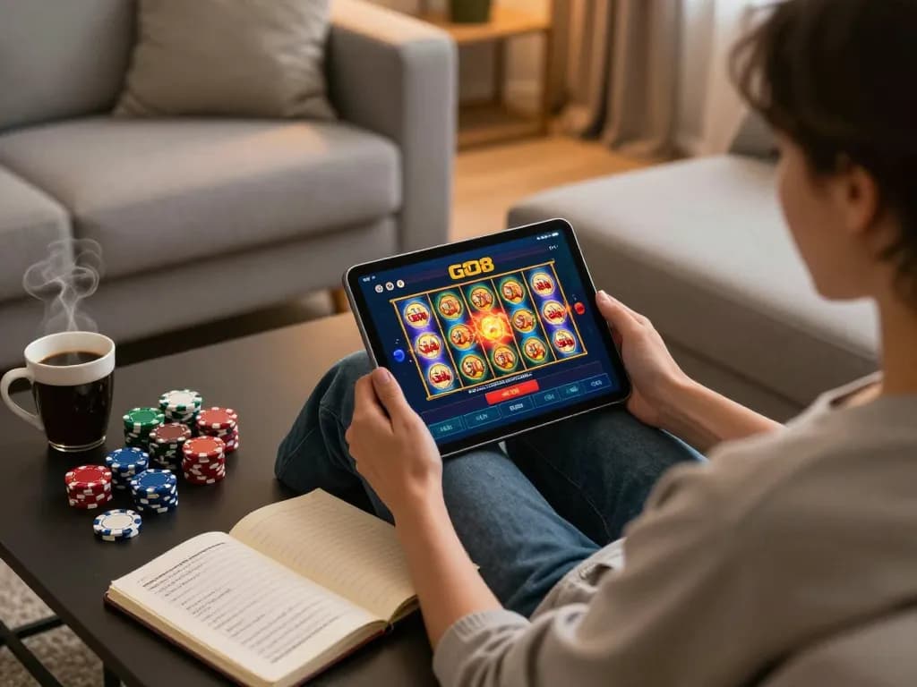 Engaging scene with a player using the GO8 casino app on a tablet, focusing on strategic gameplay elements.